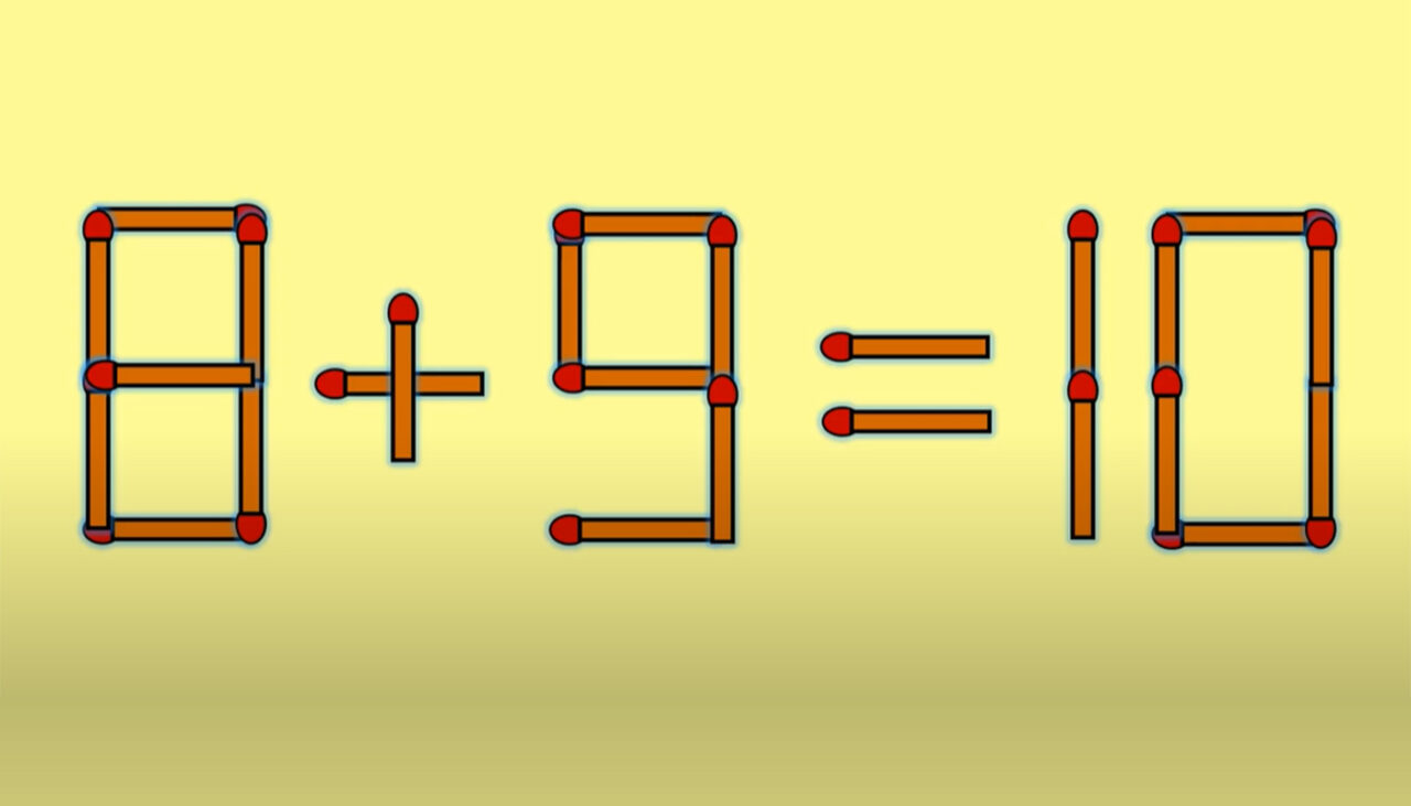 TEST IQ | Mutați un singur chibrit, pentru a transforma 8 + 9 = 10 într-o egalitate corectă