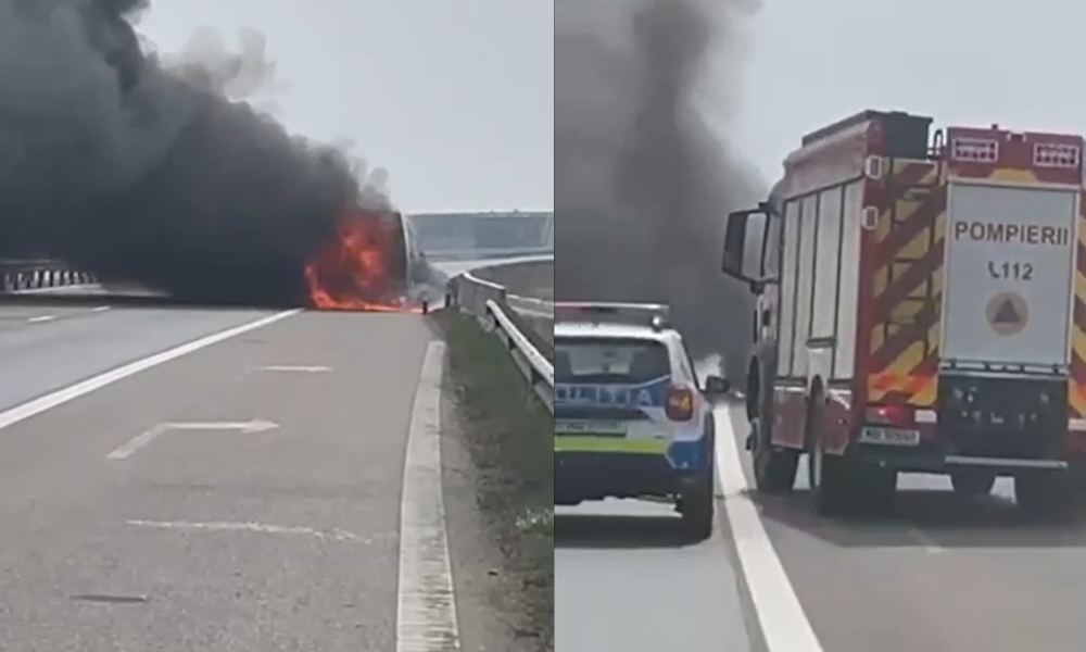 O dubă a izbucnit în FLĂCĂRI pe autostrada A3. Circulația este oprită în sensul dinspre Ploiești către București