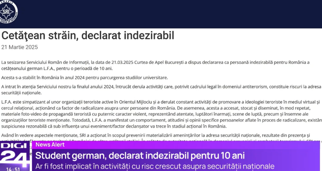 Student german, declarat INDEZIRABL pentru 10 ani. Venise în România pentru studii, dar era radicalizat și simpatizant al unor organizații teroriste