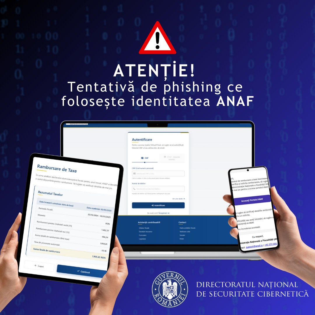 Atenție la e-mailuri false de la adrese suspecte care promit o rambursare de taxe. Link fraudulos ce folosește identitatea ANAF