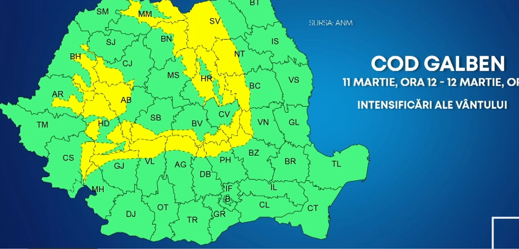 Cod galben de vânt puternic în zona montană: rafale de peste 100 km/h