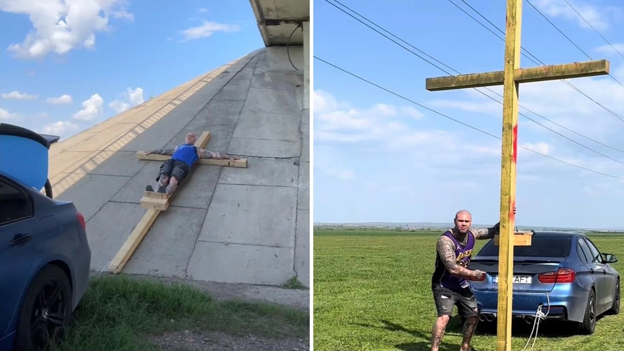Luptător MMA, filmat în timp ce era răstignit pe cruce și tras de un BMW. După câteva zile, si-a distrus maşina într-un accident