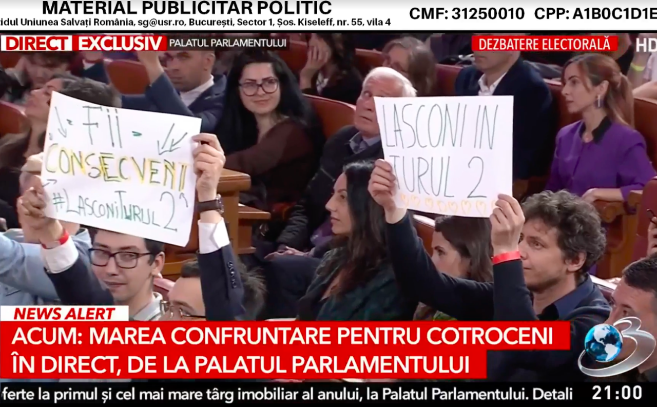 Elena Lasconi, SABOTATĂ de USR. Ionuț Moșteanu i-a pus sub sigiliu pancartele. Mesajele de susținere la o dezbatere televizată, scrise pe foi