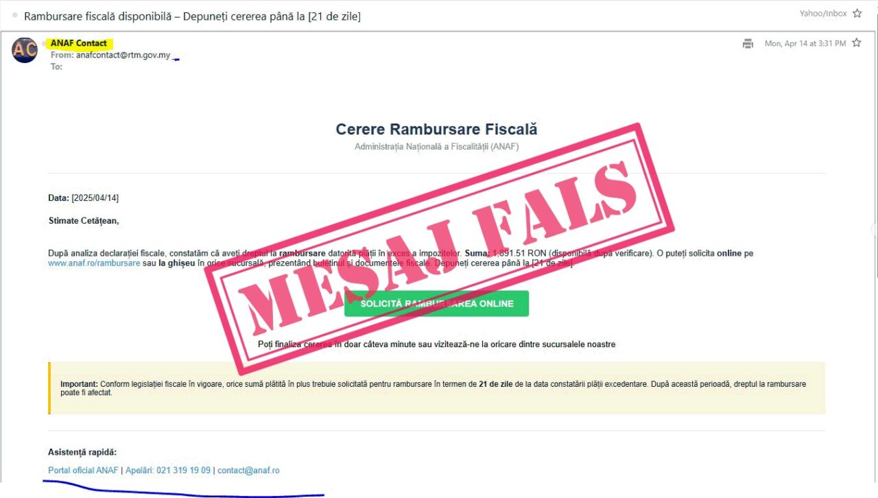 O nouă tentativă de FRAUDĂ în numele ANAF: „Pentru siguranța dumneavoastră, NU deschideți aceste emailuri”