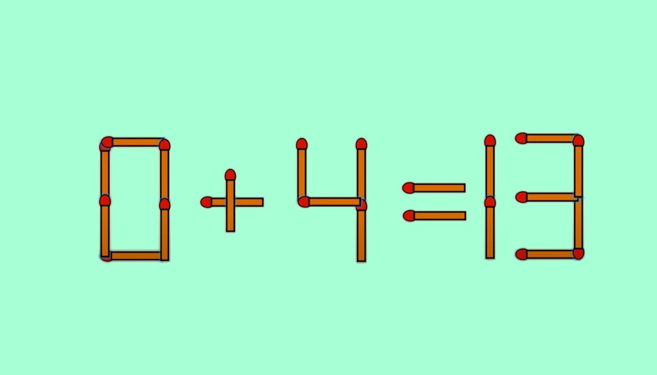 TEST IQ | Mută un băț de chibrit pentru a corecta următoarea ecuație: 0 + 4 = 13