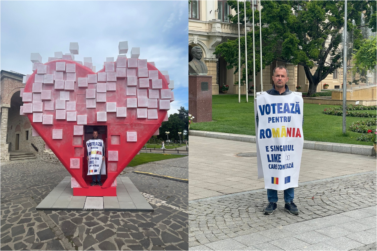 Motivul pentru care un om de afaceri din Iași a umblat îmbrăcat prin oraș în pancarte cu mesajul „Votează pentru România”