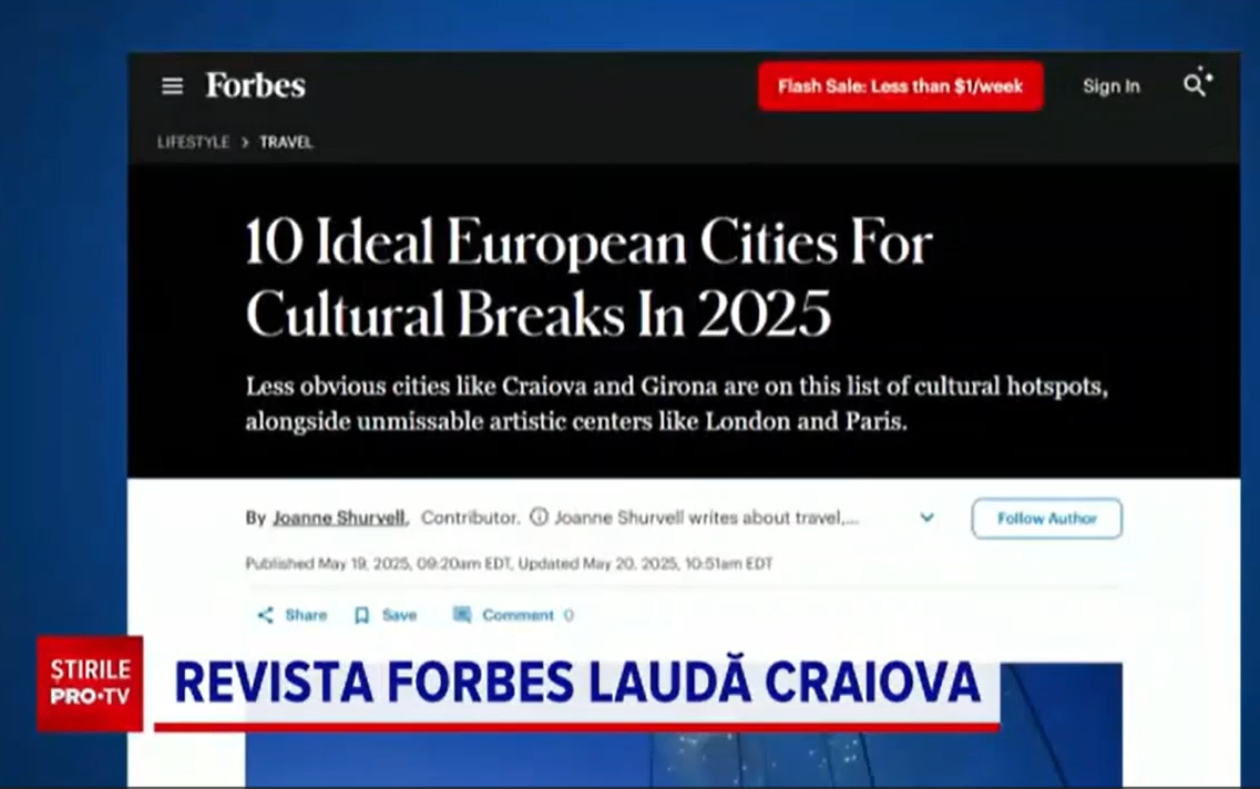 Publicația FORBES laudă Craiova. Orașul este pus în rând cu destinații ca Londra, Florența sau Atena