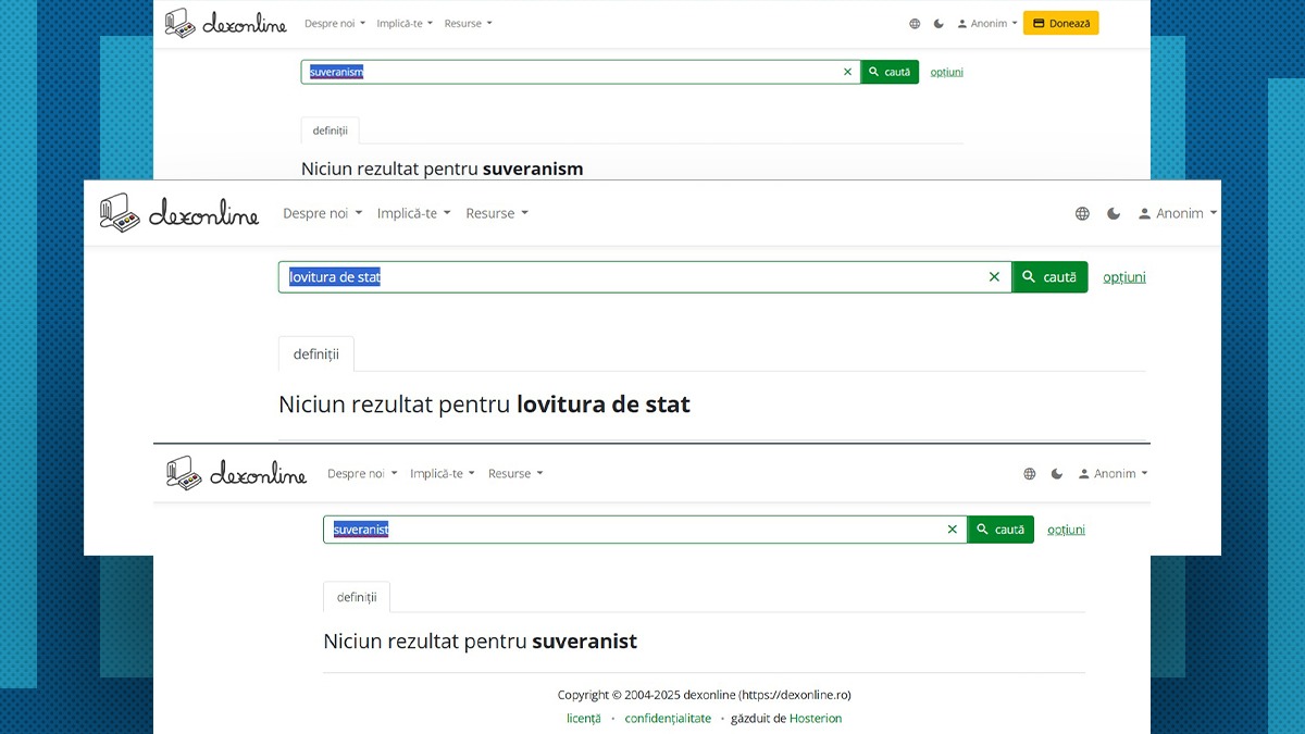 Dexonline exclude termenii „suveranism” și „lovitură de stat” din motorul de căutare / Biroul Electoral Sector 5 a dispus ELIMINAREA sondajului pro-Nicușor Dan