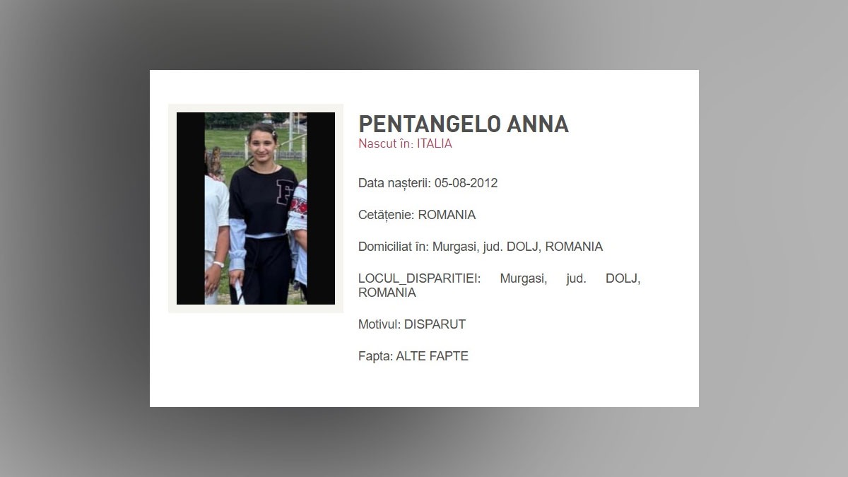 Mesaj RoAlert – ANNA PENTANGELO, copil DISPĂRUT în Dolj