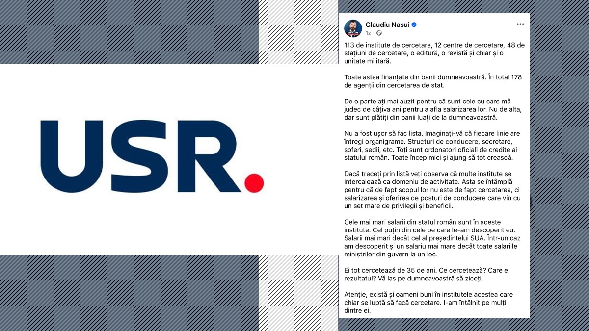 USR se delimitează parțial de postarea lui Claudiu Năsui: „Cercetarea merită respect – bani pentru performanță, nu pentru sinecuri”