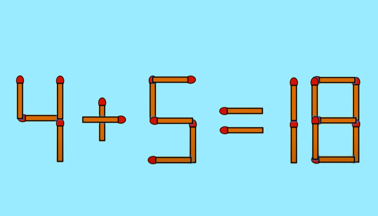TEST IQ | Mutați un singur chibrit, pentru a corecta 4 + 5 = 18