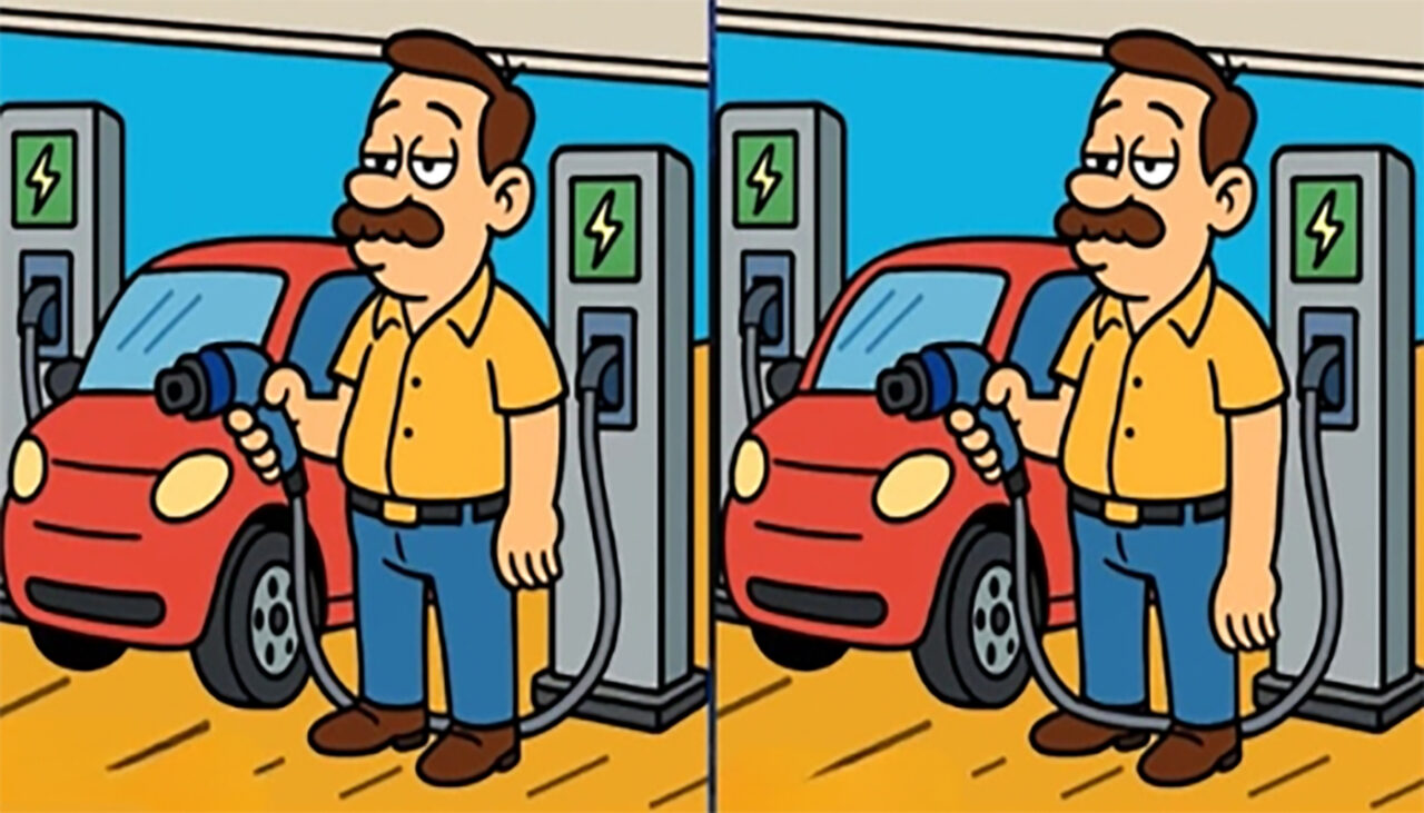 Test de logică | Găsiți toate cele 3 diferențe dintre acești doi bărbați care își încarcă mașinile electrice