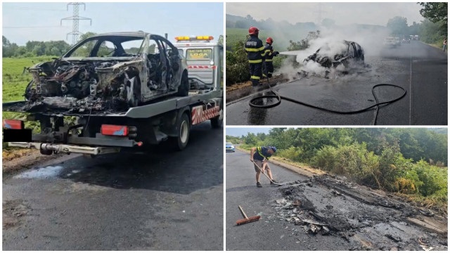 Un BMW serie 5 vechi A LUAT FOC pe DN 58, între Caransebeş şi Reşiţa, la o zi după ce un bărbat îl cumpărase cu 11.000 de euro