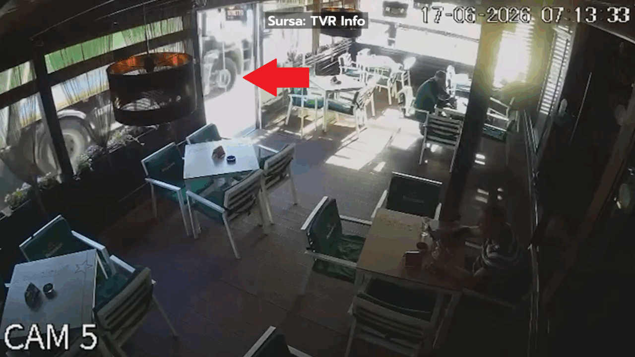 Explozia unui pneu de la o mașină de gunoi a spulberat vitrinele unei pizzerii din Târgu Jiu. O gravidă ieșise din local cu câteva secunde înainte