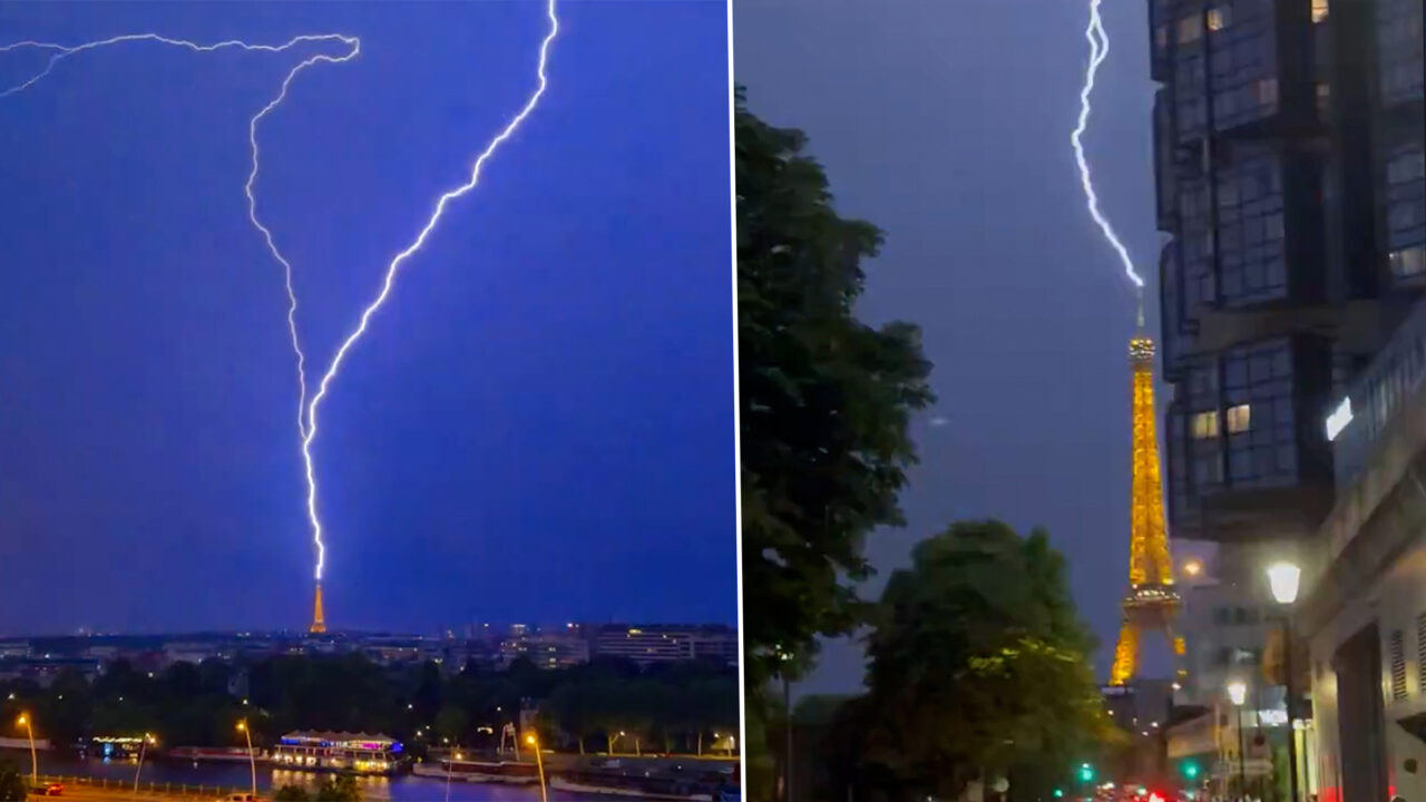 Momentul în care un fulger lovește vârful Turnului Eiffel. Imaginile surprinse în timpul furtunii de la Paris