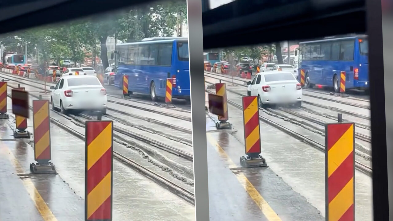 Un bucureștean grăbit a rămas cu Loganul „înfipt” în betonul proaspăt turnat, chiar pe linia de tramvai. Imagini virale