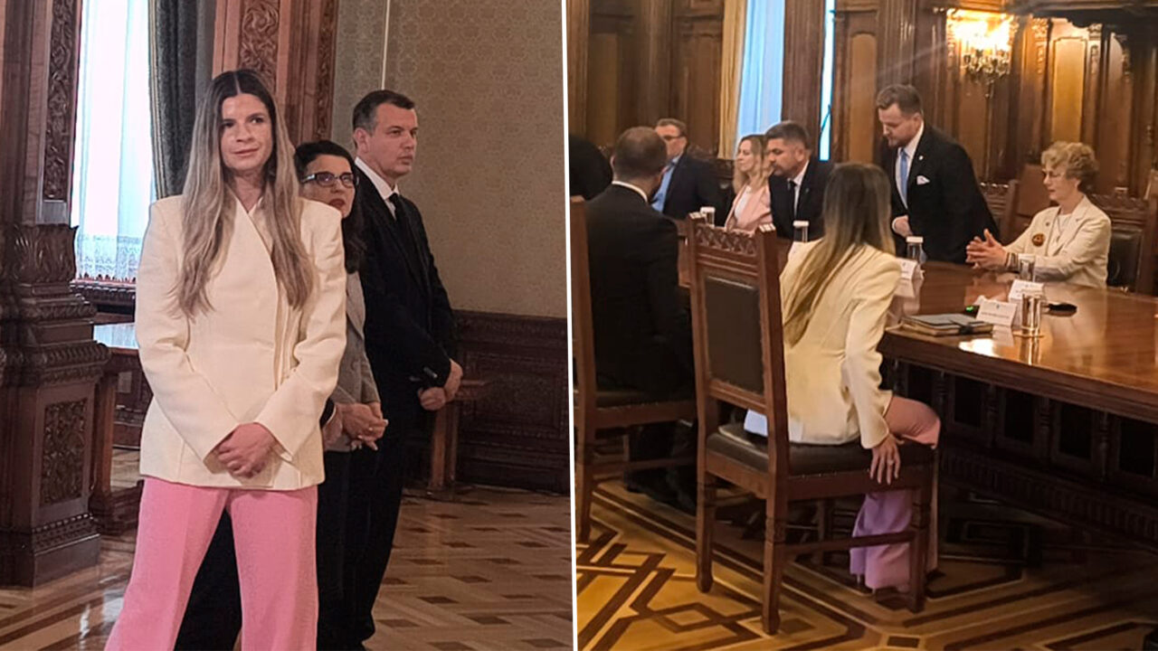 În plină criză politică, în mijlocul furtunii de la Cotroceni, o pată de culoare a atras atenția astăzi. Îmbrăcată în roz, controversata Ana-Maria Geană, menționată în scandalul pozelor trucate din campania prezidențială, a stat la masa discuțiilor cu partidele. Nimic nu o recomanda pentru poziția de astăzi