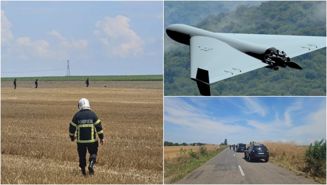 Imagini de la locul unde s-a prăbușit drona doborâtă de pilotul F-16. Autoritățile caută dispozitivul. Traficul pe drumul județean Rușețu e blocat