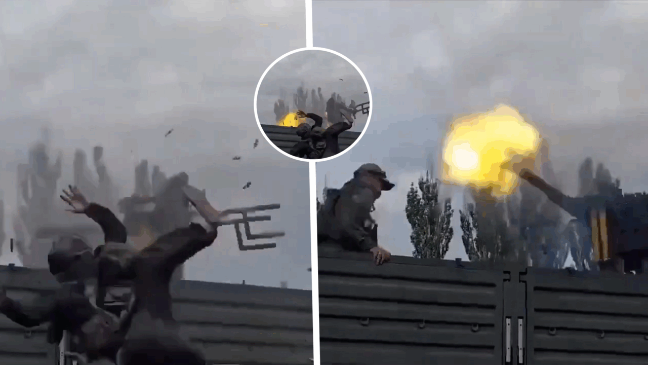 Imagini virale. Un militar rus pierde controlul unei mitraliere rotative în timpul unui exercițiu. Soldatul a fost luat pe sus și azvârlit de recul