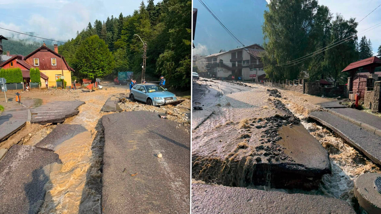 Cum arată Bușteniul după furtuna care l-a lovit. Străzi acoperite de noroi, mașini luate de ape și distrugeri în urma viiturii