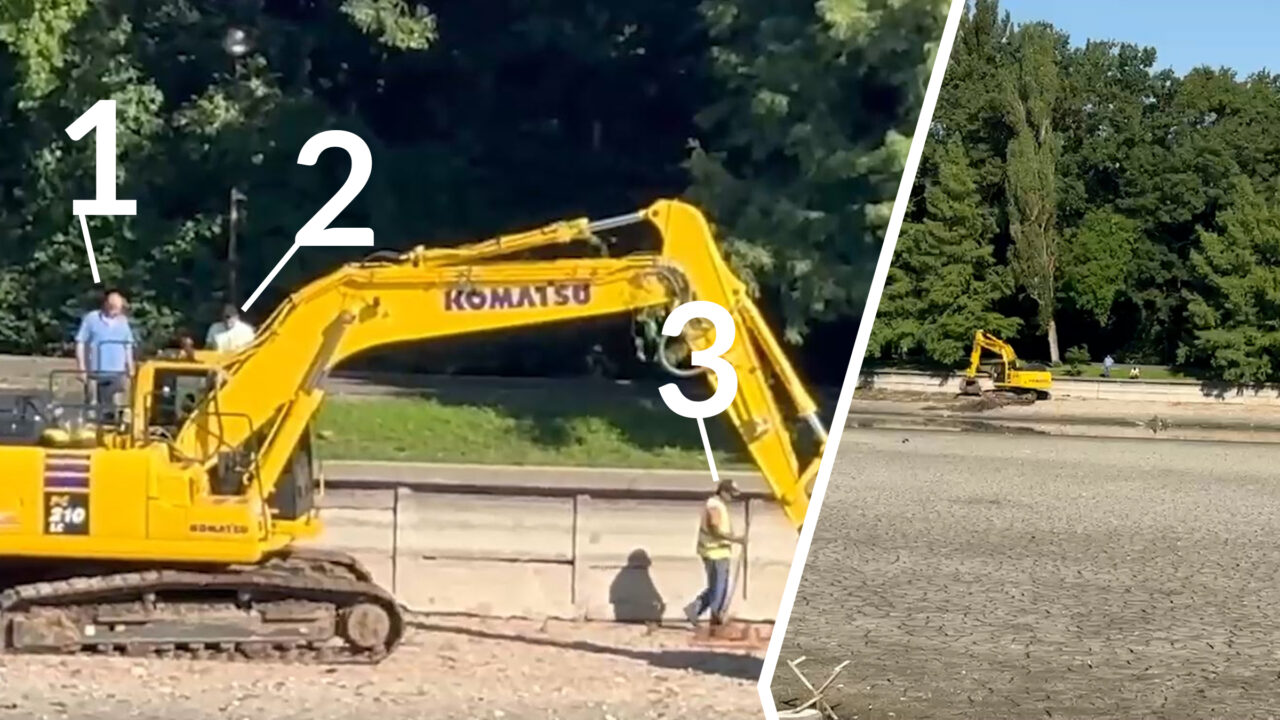 „Dorele, mai muncim și noi?” Desfășurare de „forțe” în cuva Lacului Herăstrău, unde se lucrează cu…un excavator și trei meseriași. Când va fi iar apă?