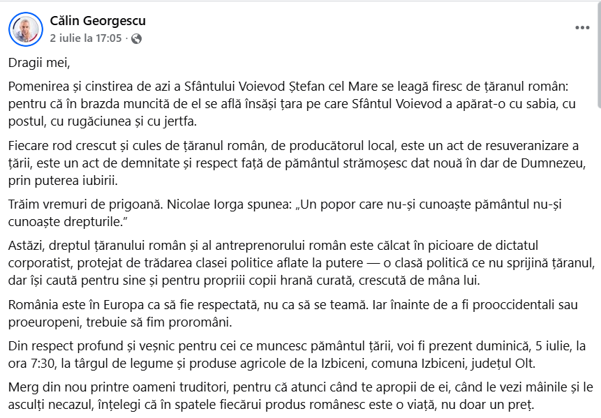 Călin Georgescu, primit cu flori și urale la Târgul de la Izbiceni, Olt. „Țara întreagă va fi din nou a voastră”