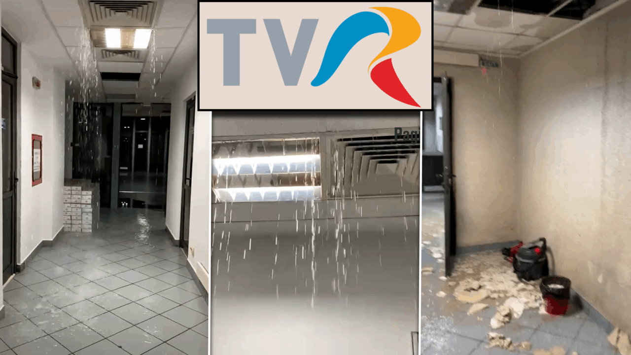 Furtuna a făcut ravagii în studiourile TVR. Interiorul redacției a fost inundat, iar mai multe bucăți din tavanul fals s-au prăbușit pe holuri
