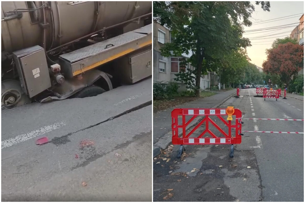 O autospecială a Companiei de Apă Buzău a căzut într-o groapă din asfalt. Compania de Apă dă vina pe locatari pentru incident