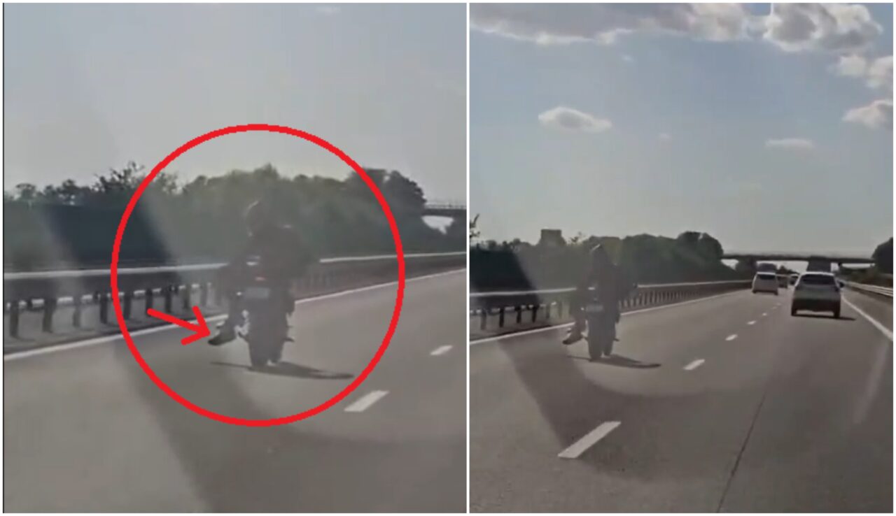 Cursă nebună pe A2. Gonește pe autostradă, așezat lateral pe motocicletă, cu peste 100 de kilometri la oră