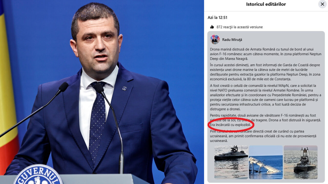 Miruță s-a răzgândit de trei ori. După ce a anunțat că drona distrusă lângă Neptun Deep era încărcată cu explozibil, și-a editat postarea. Apoi a anunțat că ar fi vorba de două drone. Apoi a revenit