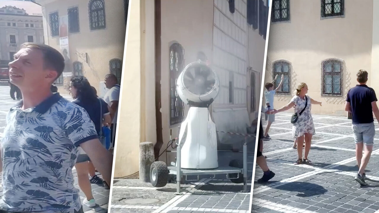 Brașovenii se răcoresc pe stradă cu tunuri de…zăpadă. „Când temperaturile ating valori ridicate, orice strop de răcoare contează!”