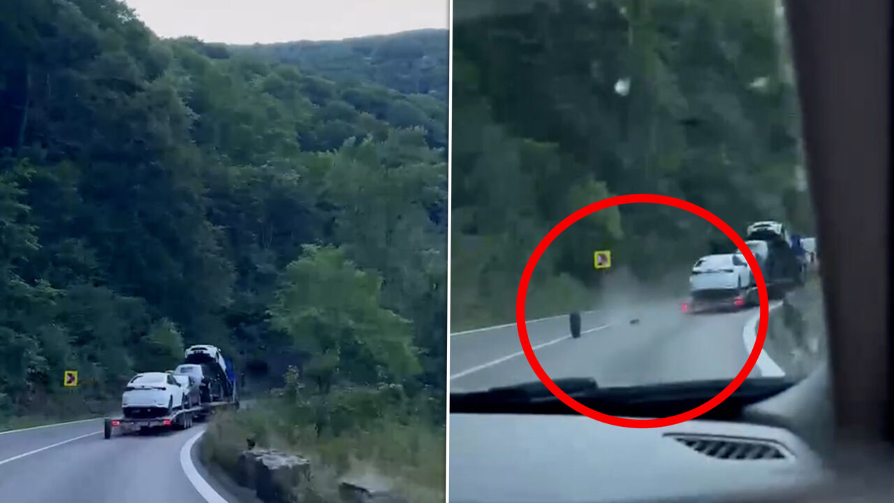 O platformă plină cu mașini a pierdut o roată pe Valea Oltului, dar a continuat să meargă încă 10 km. O autoutilitară s-a izbit de componenta remorcii