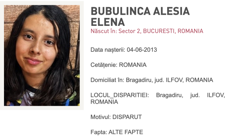 Fată de 13 ani, dispărută din Bragadiru. Poliția a emis RO-ALERT pentru găsirea Alesiei-Elena Bubulincă
