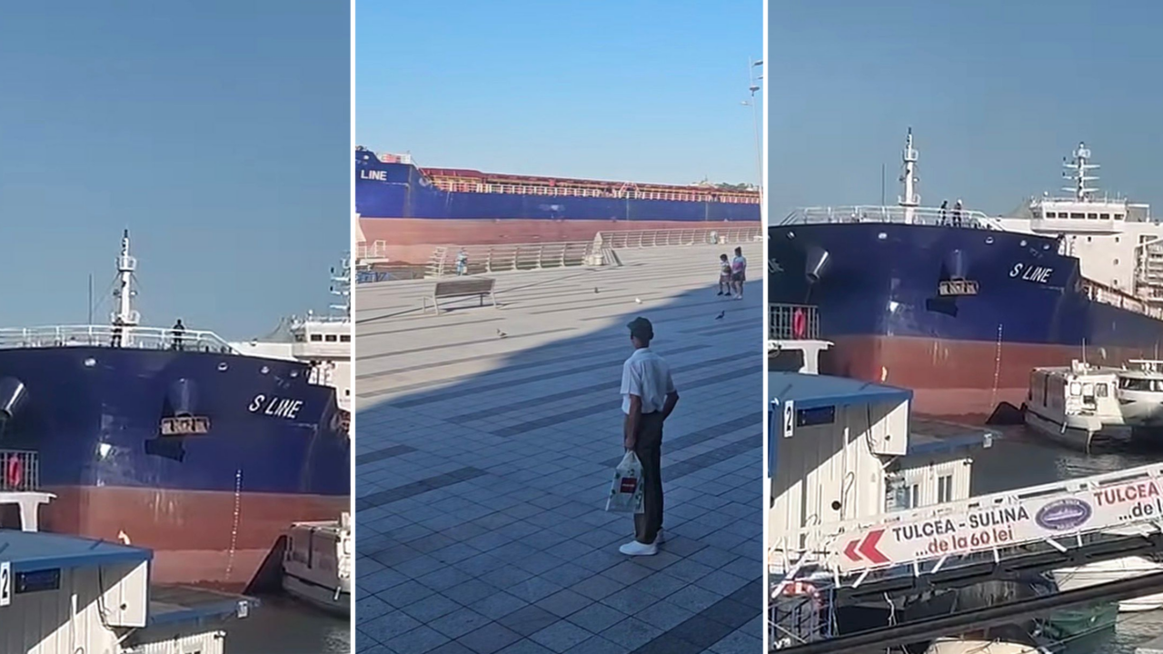 Incident naval în Tulcea. Un cargo sub pavilion panamez a fost la un pas să se lovească de faleză. A izbit mai multe pontoane și ambarcațiuni. Totul sub privirile speriate ale oamenilor aflați pe faleză care au surprins momentul impactului