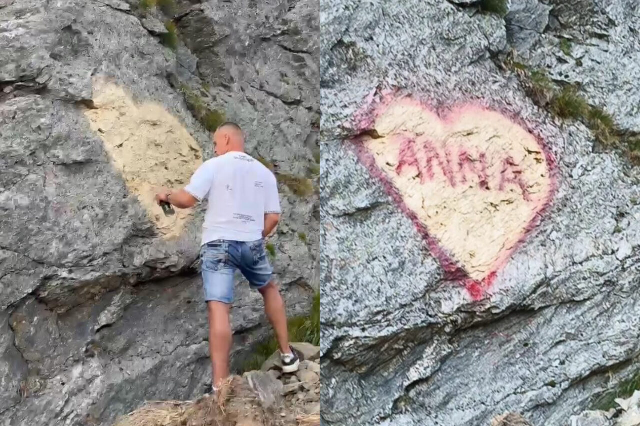 Reacții dure după ce un turist a desenat cu spray o declarație de dragoste pe o stâncă de pe Transfăgărășan: „Caveman. Nu înțeleg nimic oamenii ăștia”