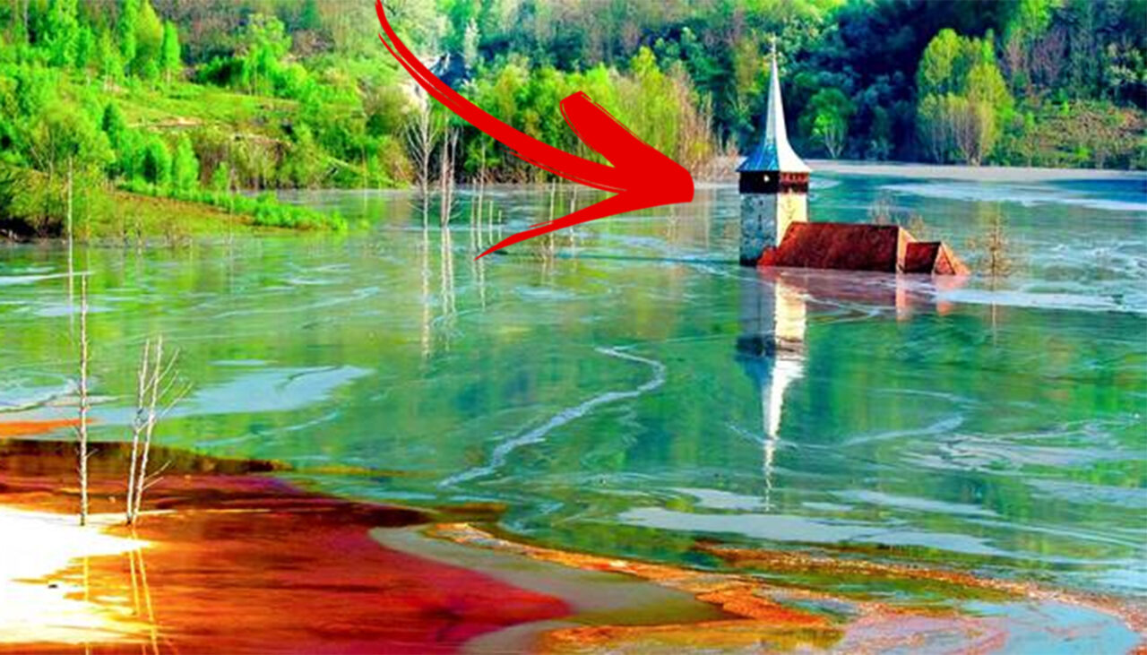 Singura localitate din România îngropată complet sub un lac toxic. În 2026, se mai vede doar turla bisericii