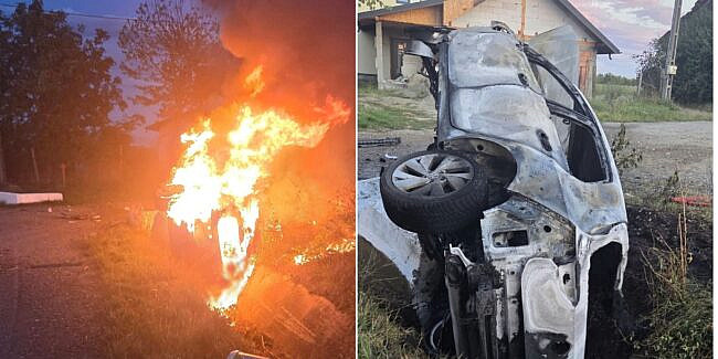 Tragedie în Suceava. Două persoane au murit carbonizate după ce mașina în care se aflau a lovit un cap de pod și a luat foc