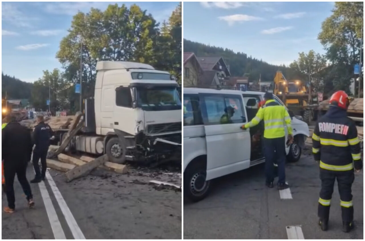Accident între o autoutilitară și un TIR încărcat cu traverse de cale ferată în stațiunea Predeal. Drumul Național 1 a fost blocat pe ambele sensuri