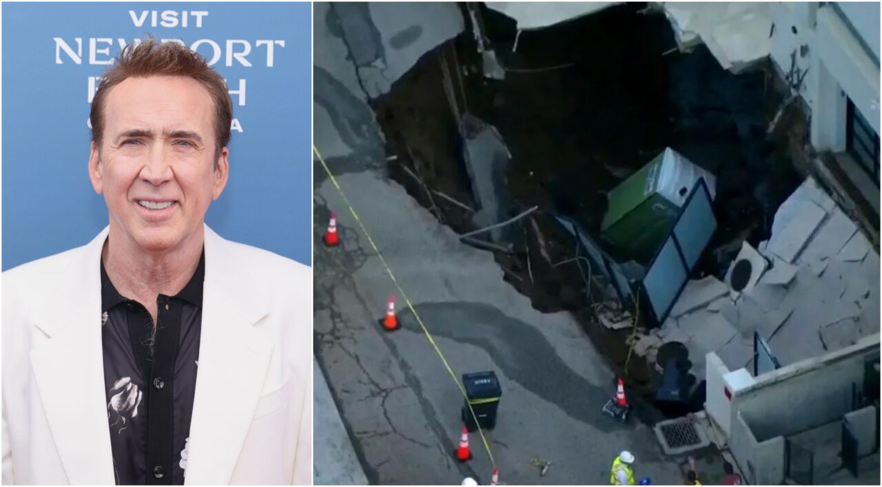 Groapa uriașă în fața casei deținută de Nicholas Cage în Malibu. Surparea a provocat o scurgere de gaze