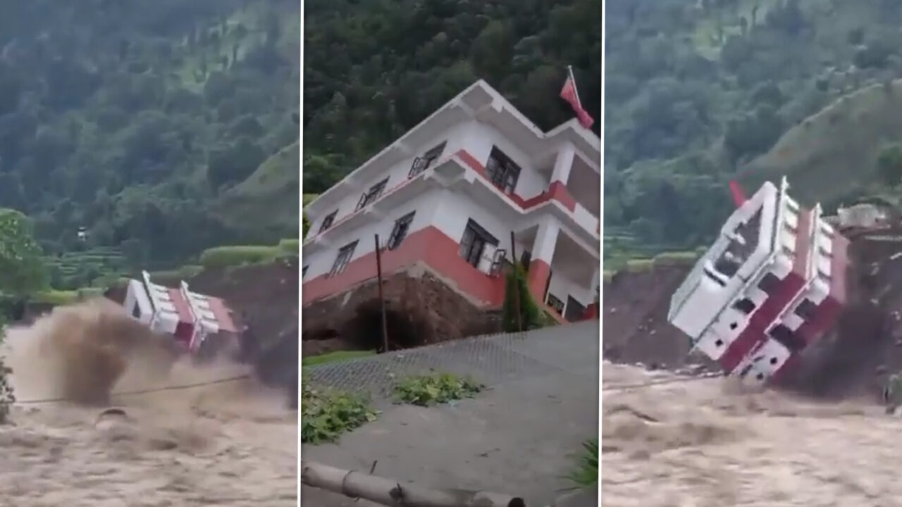 Imagini virale. O clădire a unei primării din Nepal s-a prăbușit în râu din cauza unei alunecări de teren. Câți oameni și-au pierdut viața