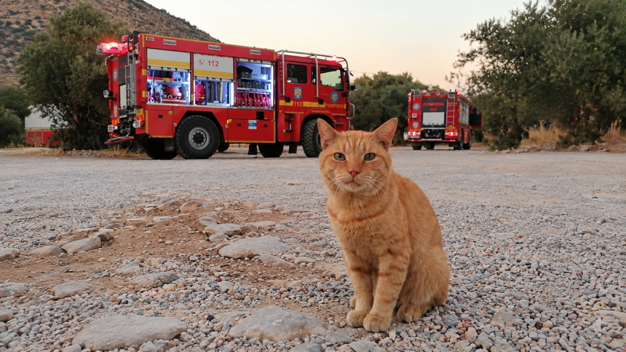 Un motan a devenit mascota pompierilor români aflați în Grecia. Salvatorii l-au botezat „Garfield”