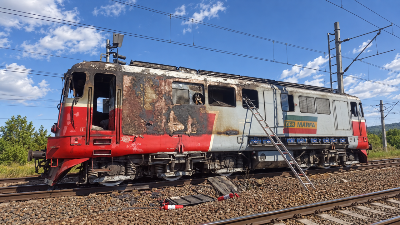 Incendiu puternic în gara Buftea. O locomotivă a unui marfar a luat foc, iar circulația trenurilor este afectată