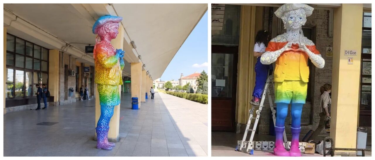 Scandal în Ploiești. PSD acuză că „un simbol național a fost pângărit de culorile curcubeului”. Statuia „Domnului Goe” a fost vopsită multicolor