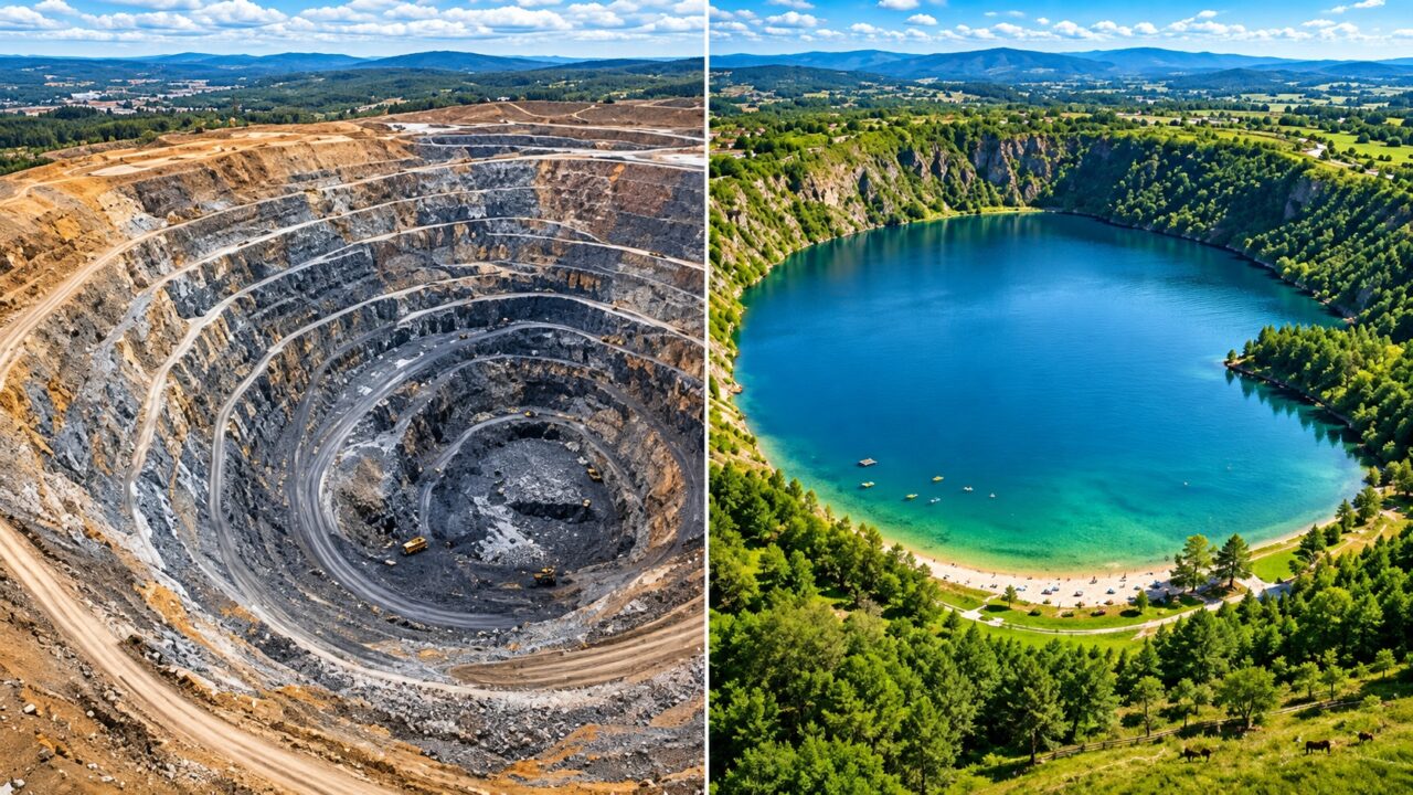 În 2008, Spania a umplut o mină adâncă de 300 de metri cu 547 miliarde litri de apă. 4 ani mai târziu, „groapa” s-a transformat într-un lac uriaș