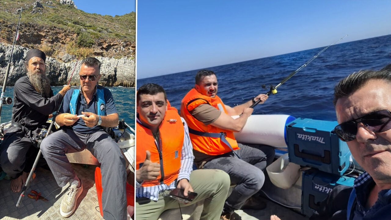 George Simion și Dan Dungaciu, la pescuit, alături de călugării de pe muntele Athos
