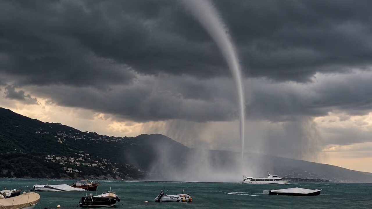 Trombă marină uriașă în largul coastelor Italiei. Fenomenul s-a apropiat de bărci și de un feribot turistic