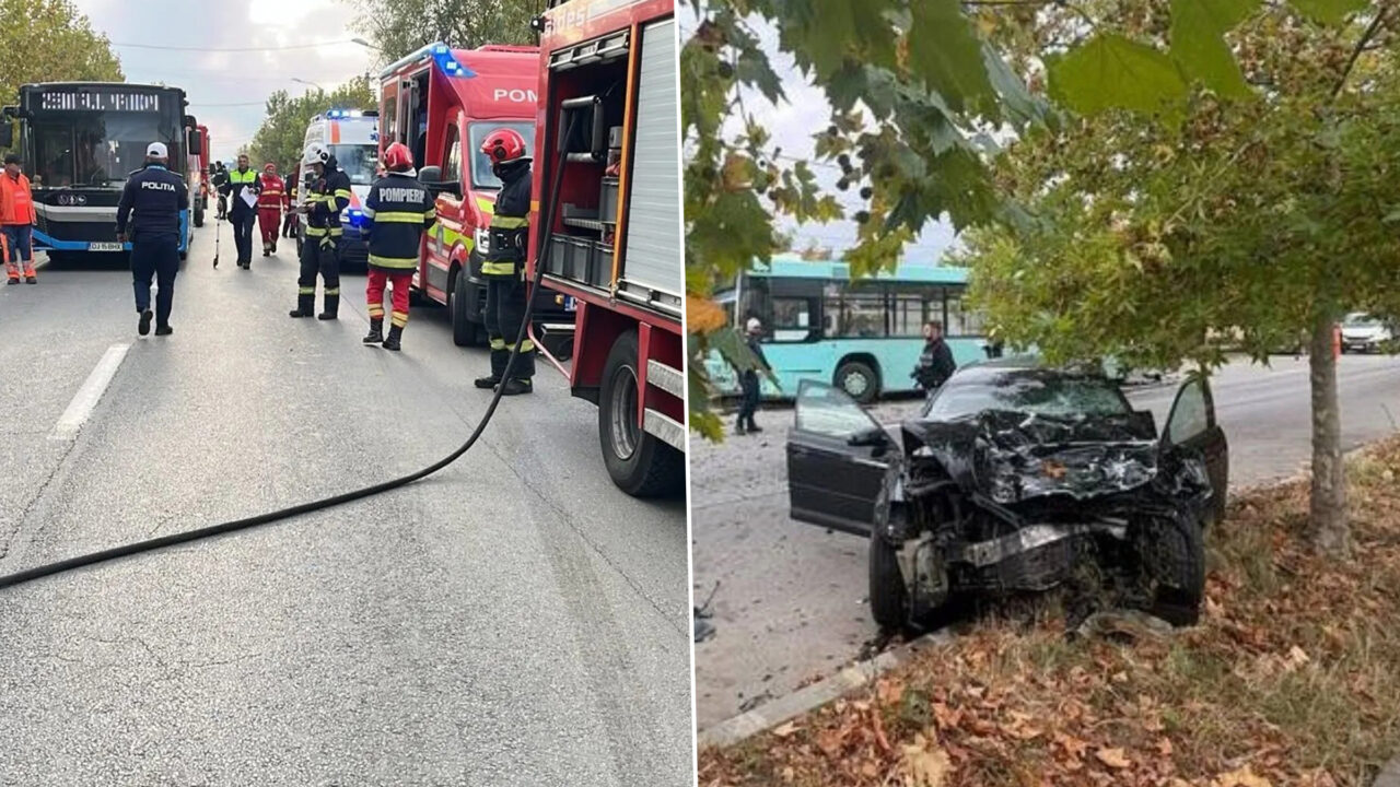 Accident grav în Craiova. A fost activat Planul Roșu de Intervenție după ce un autobuz și un autoturism s-au ciocnit. O persoană a decedat, iar alte șase au fost transportate la spital