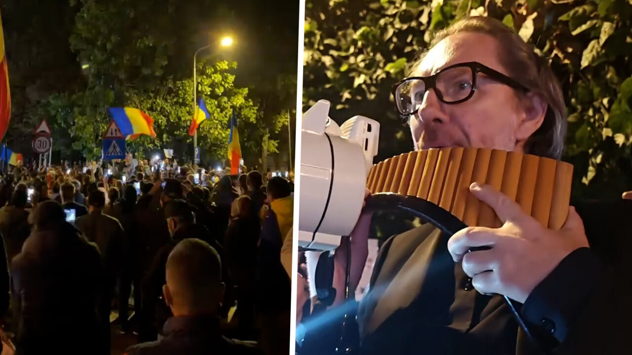 Oamenii strânși la Arestul Central, în sprijinul lui Călin Georgescu, au cântat Imnnul Național în frunte cu naistul Nicolae Voiculeț