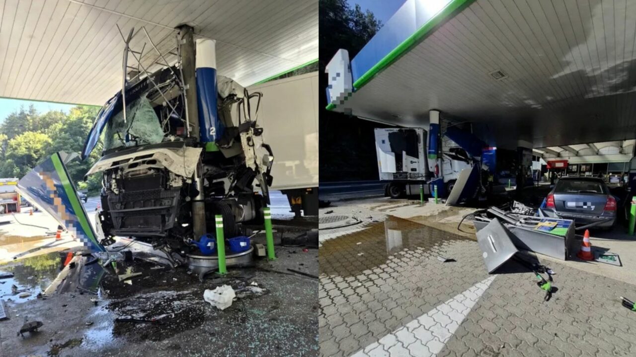 Accident grav pe Valea Oltului. Un TIR s-a izbit în pompa unei benzinării, iar traficul este blocat