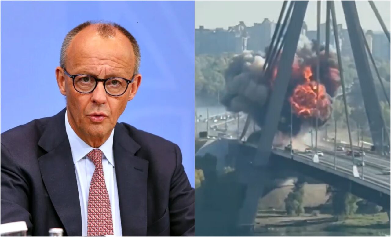 Momentul în care o dronă rusească lovește Podul de Nord din Kiev, chiar în timpul vizitei cancelarului german Friedrich Merz